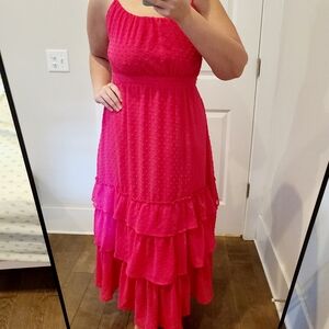 Lulus Pink Clip Dot Open Tie Back Ruffle Hem Maxi Dress
